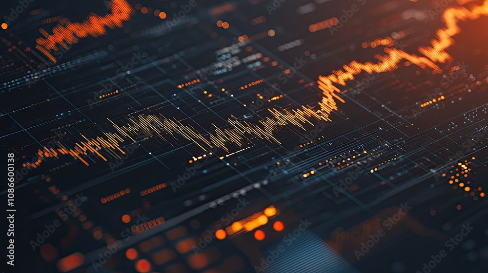 Poster abstract visualization of data flow with bright line graphs and dynamic patterns on dark background 