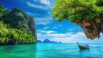Obraz premium Serene Tropical Landscape with Boat and Blue Waters