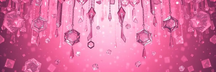 A mesmerizing pattern of crystals and geometric shapes suspended in mid-air, bathed in a warm pink glow that seems to emanate from within, pattern, suspension