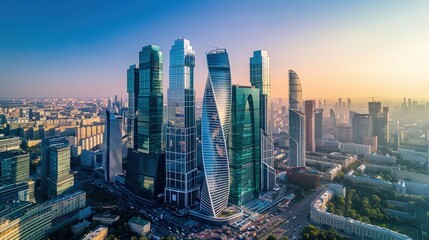 Fototapeta premium Stunning Aerial View of Modern City Skyline at Sunset