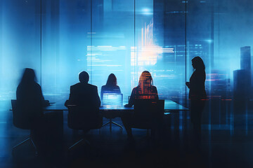 Blurred image of a team of professionals collaborating in a high tech meeting room, digital screens in the background, minimalistic design Business concept, motion bokeh background