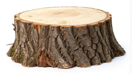 A realistic tree slice with visible knots and branches on a plain white background, tree slice, realistic, outdoor, botanical, nature