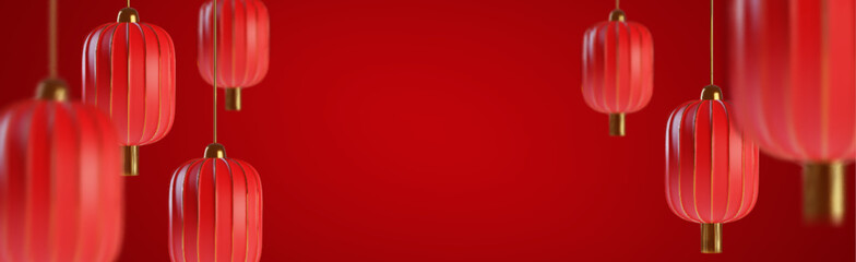 Chinese paper lanterns on red background. Vector realistic illustration of traditional asian decorations with golden tassels, oriental New Year holiday banner or card, festive art, symbol of luck © klyaksun