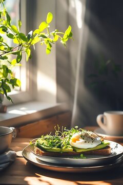 Delicious and Healthy Avocado Toast with Poached Egg and Microgreens Served on Wooden Table with