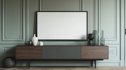 Modern Cabinet with White Frame and Vases on Green Walls