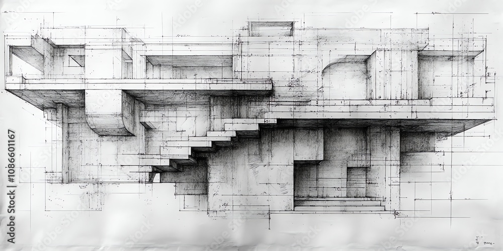 Poster black and white pencil drawing of a modern architectural structure with a staircase.