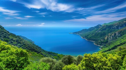 Obraz premium Serene Coastal View with Lush Green Landscape