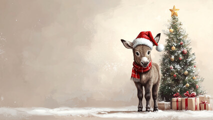 Festive donkey near a decorated Christmas tree