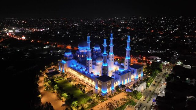 Surakarta Great Mosque at night in Central Java Indonesia. Aerial panoramic. Islam religion