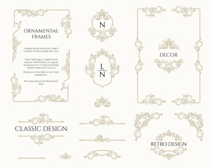 Сollection of frames, borders, monograms and corners. Classic style, contoured ornamental pattern.