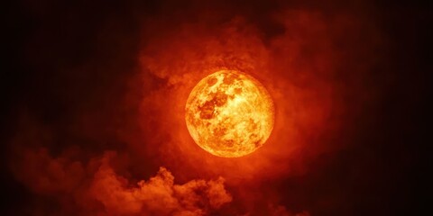 Fototapeta premium Sun breaks through wildfire smoke, casting a warm glow over a hazy landscape, symbolizing hope amidst destruction.