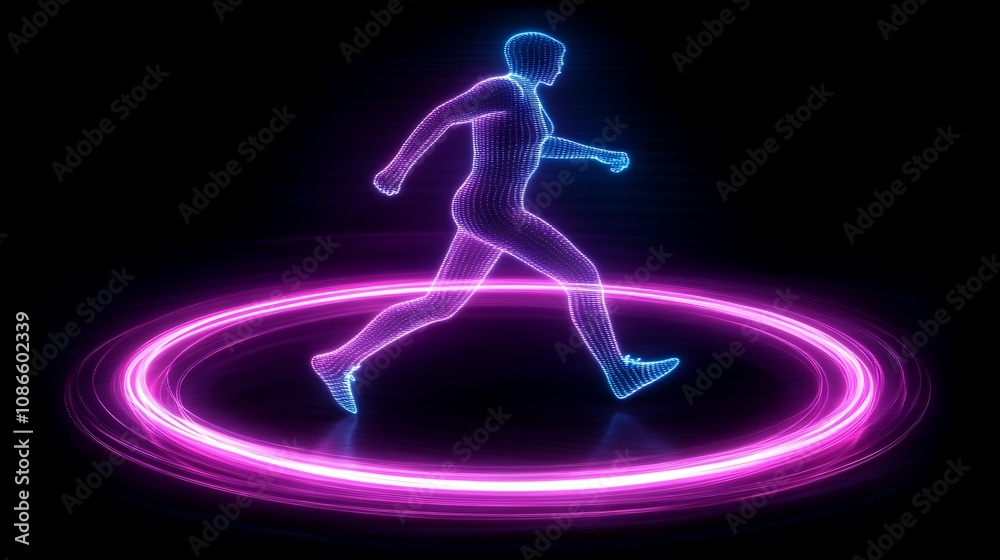Poster abstract representation of a dynamic figure in motion with neon glow effects creating a futuristic v