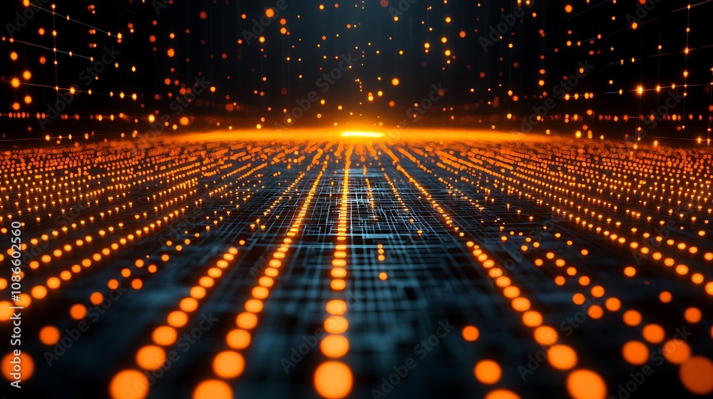 Poster abstract representation of a dynamic network with glowing particles and a sense of depth, conveying 