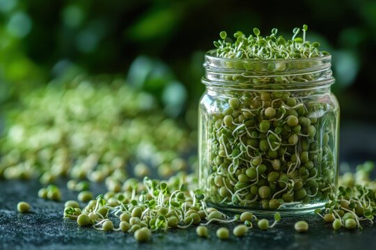 Fresh mung bean sprouts overflowing from a jar with greenery