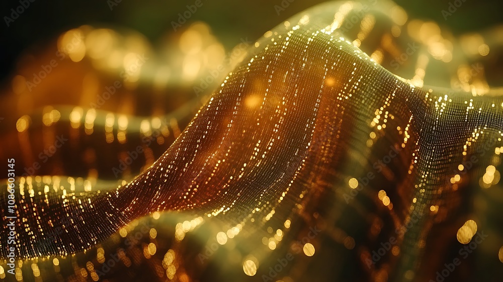 Fototapete Abstract Representation of Binary Code Morphing with Golden Waves in a Visually Striking Digital Landscape