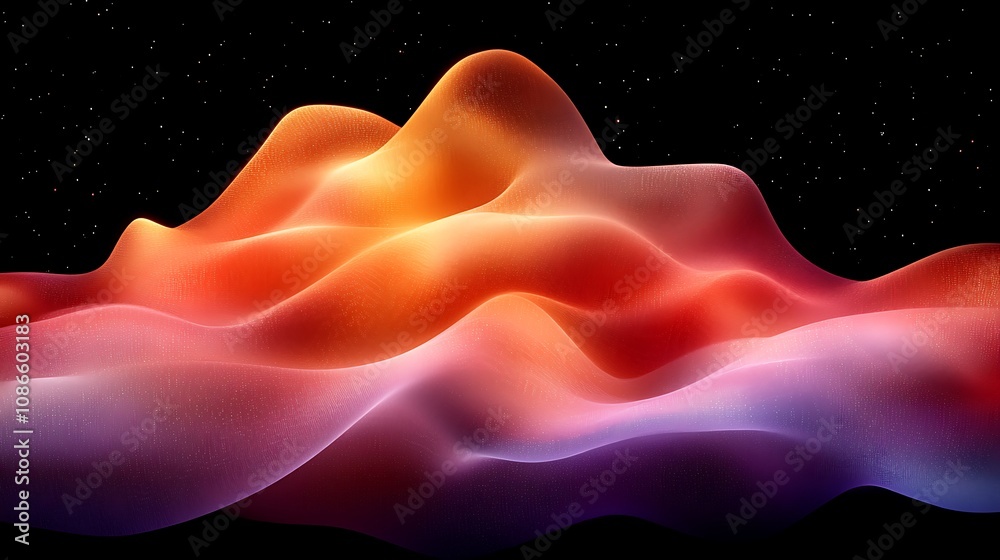 Poster abstract representation of fluid shapes and forms evoking binary code with vibrant colors on a dark 