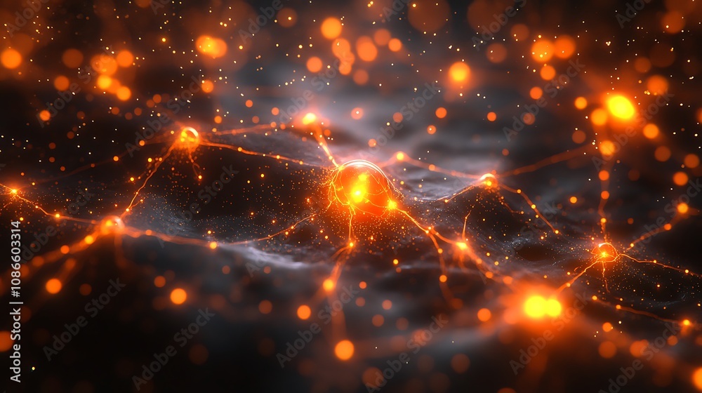 Poster abstract data flow representation with bright orange nodes and dynamic connections against a dark ba