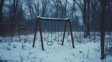 An empty playground in winter, with rusty swings and neglected equipment surrounded by a thick layer of snow