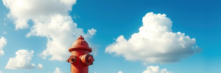 Fototapeta premium Classic fire hydrant against a serene blue sky with puffy white clouds, clear blue, fluffy clouds, calm