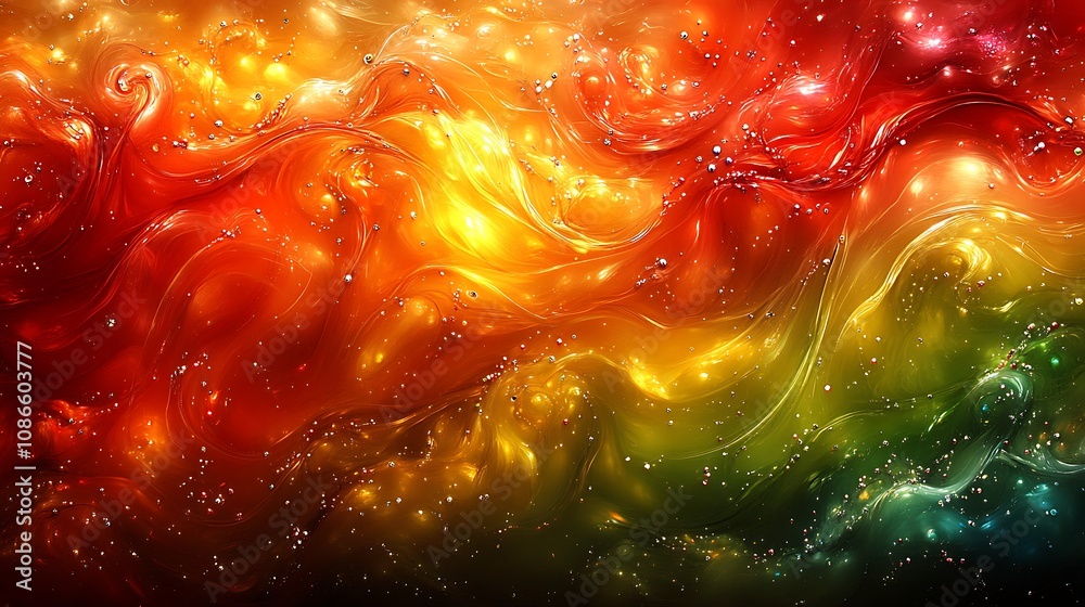 Poster abstract representation of interconnected elements in a vivid spectrum of colors featuring flowing p