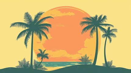 Minimalist Tropical Line Art with Sunset