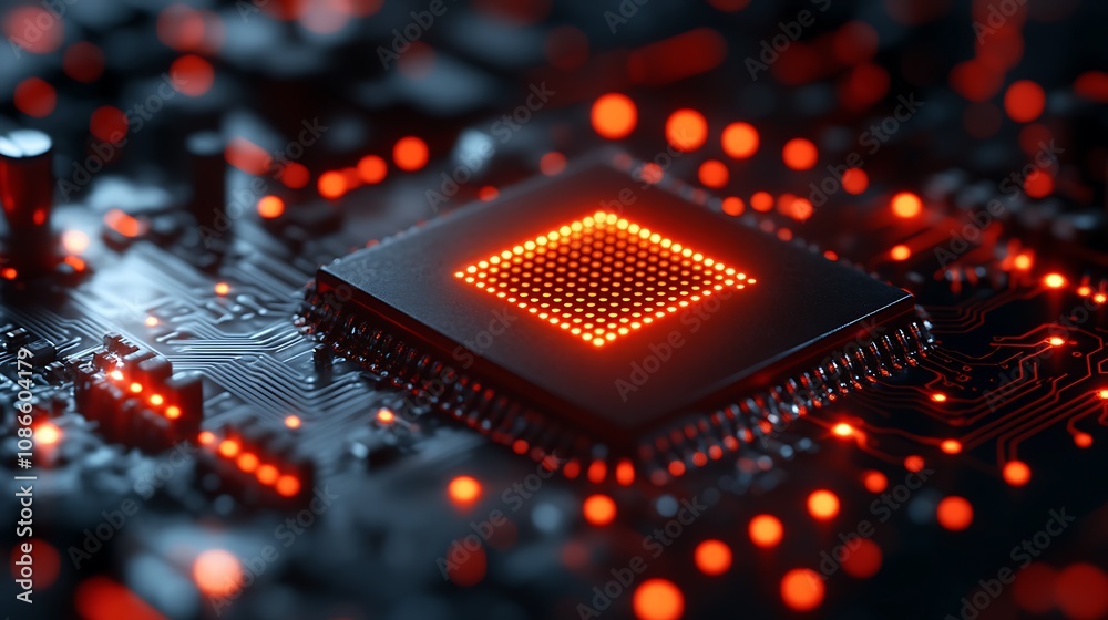 Poster artistic interpretation of a microchip with glowing red elements and circuit patterns on a dark back