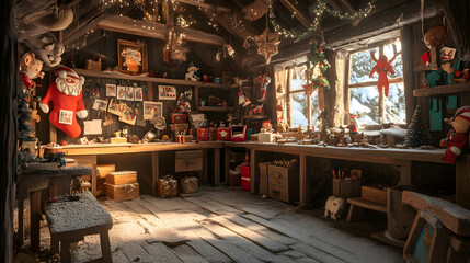 Enchanting Christmas Workshop Filled with Toys, Decorations, and Festive Accents Creating a Cozy Holiday Atmosphere in a Snowy Winter Landscape