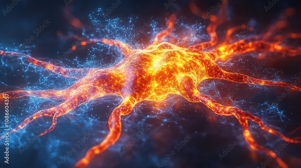 Poster an artistic visualization of a neural network with vibrant colors and intricate structures, depictin