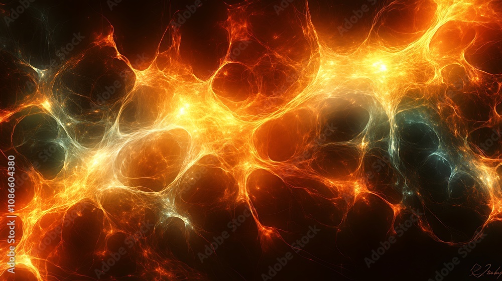 Poster an artistic interpretation of neural network structures illuminated in fiery orange and cool blue to