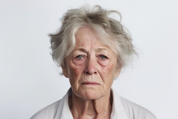 Sad homeless Caucasian bruising senior woman portrait on white background. Elderly gray hair female looking frustrated, alcoholic, stressed, unhappy and annoyed, Domestic Violence and Emotional Abuse