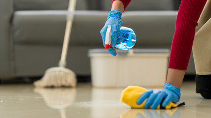 A young woman cleans her desk at home, using a disinfectant spray and a wipe. She ensures a hygienic and organized workspace, emphasizing cleanliness and personal health in her routine