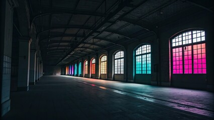 Dark and empty interior with colorful accents, urban feel, bold color scheme