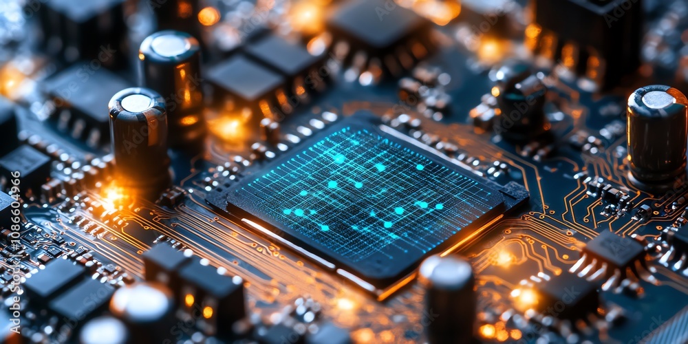 Poster close up of a circuit board with a glowing blue chip in the center.