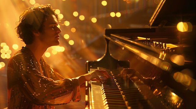 Musician playing grand piano, eyes closed, deeply immersed in emotional sounds, soft lighting enhancing the keys, capturing the essence of musical passion and artistic expression.