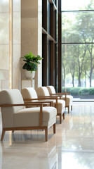 An image of a lobby interior with armchairs in a row and a coffee table, showcasing a large window and a mock-up wall, focusing on the interior design and architectural elements for photography
