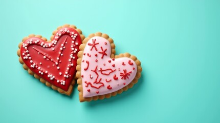 Two heart shaped cookies with pink and red icing, decorated with sprinkles on a turquoise background. Flat lay with copy space