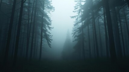Eerie silence falls on the forest as fog shrouds the landscape in an impenetrable veil, eerie, mystery, fog