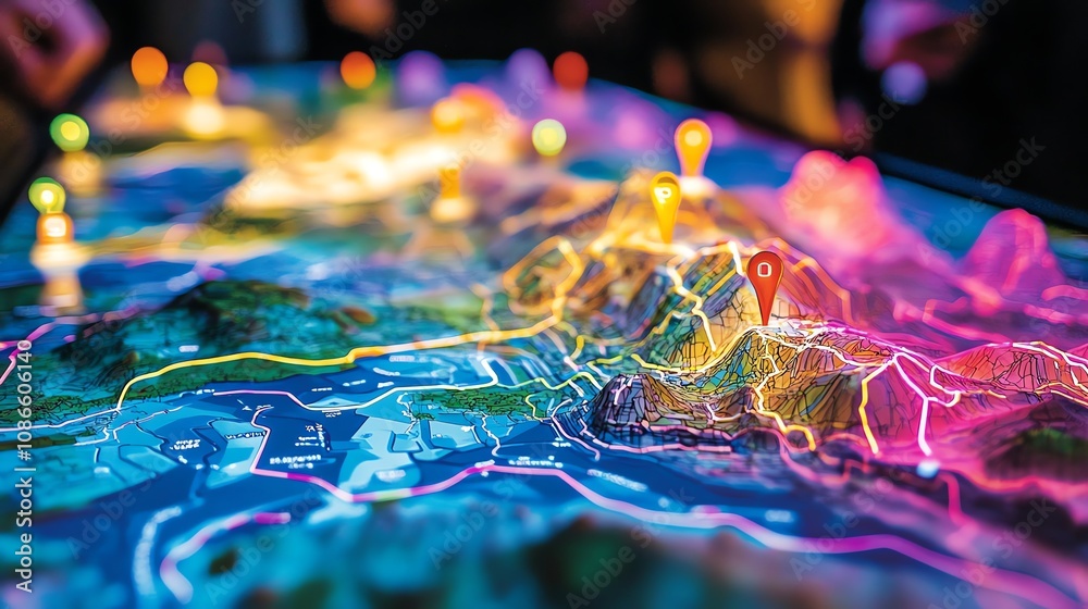 Poster Close-up of a glowing interactive map with colorful pins and lines showing connections.