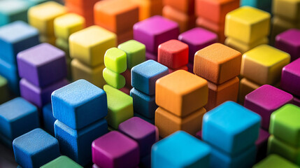 Obraz premium Business Figures Merging with Brightly Colored Blocks, Each Block Representing Different Roles or Skills in a Company 