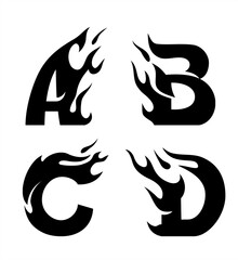 Fire Letters Design, A B C D, black ink silhouette initials tattoo