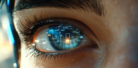 Close-up of a human eye with futuristic digital interface overlay.