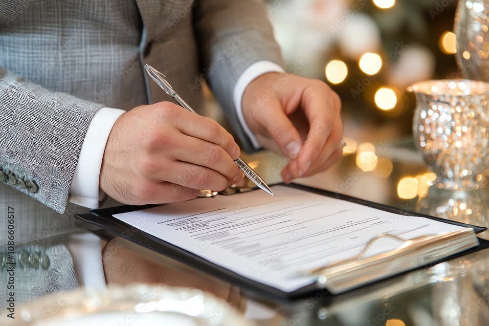 Poster close-up of a man's hand signing a document on a clipboard.