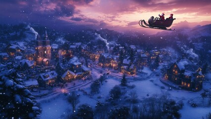 Snowy Village with Santa's Sleigh in the Sky