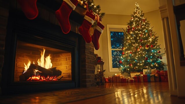 Cozy Christmas Living Room with Fireplace and Tree