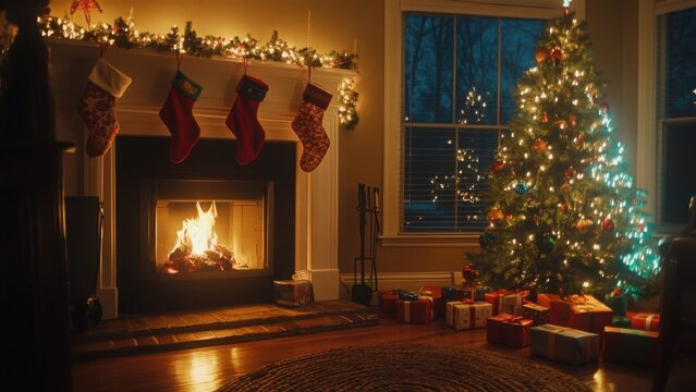 Cozy Christmas Eve with Fireplace and Decorated Tree