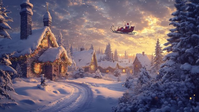 Christmas Eve in a Snowy Village with Santa's Sleigh
