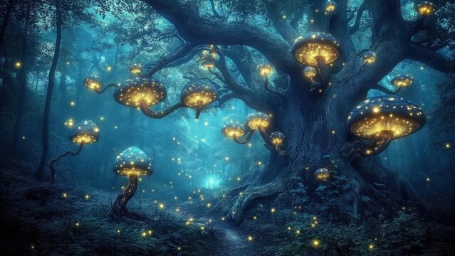 Enchanted Forest with Glowing Mushrooms and Fireflies