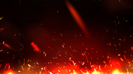 Glowing fire sparks rise on dark background. Bright embers scatter upward from luminous base. Realistic vector fiery backdrop with flame flash elements for depicting heat, danger or energetic effects. © klyaksun