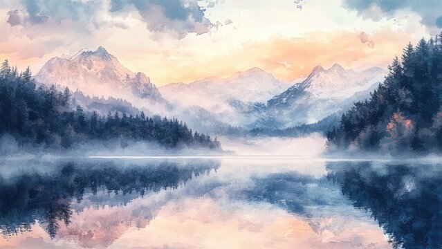 Serene Mountain Landscape with Misty Reflections at Dawn