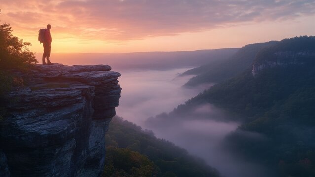 Silhouette of hiker standing on cliff at sunrise overlooking misty valley